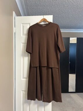 ZARA Brown Knit Co-Ord Set | Oversized Top & Wide Leg Culotte Pants